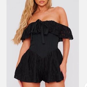 NWT PrettyLittleThing Black Lace Milkmaid Floaty Corset Romper Playsuit